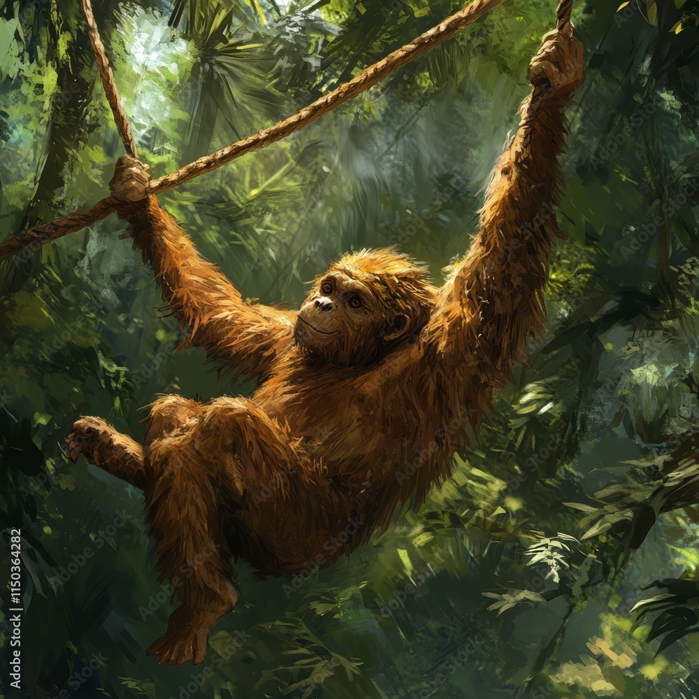 Fototapeta premium A painting of an orangutan hanging from a rope in the jungle