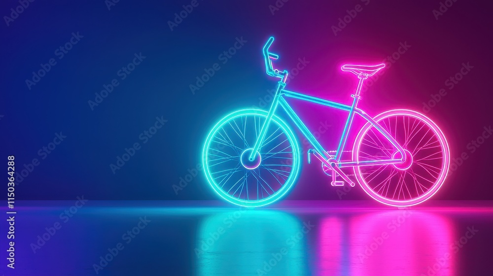 Fototapeta premium A glowing bicycle in neon blue and pink, set against a gradient background, creating a vibrant, futuristic aesthetic.
