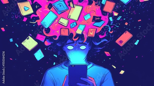 Surreal digital chaos: vibrant neon artwork of person overwhelmed by technology