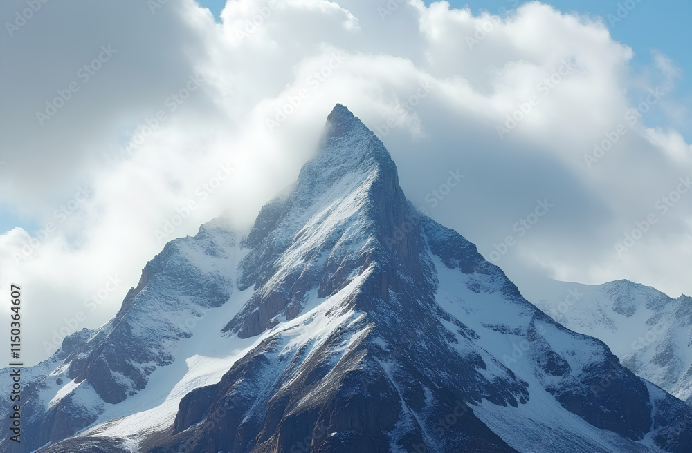 Snow-Capped Mountain Peak with Dramatic Swirling Clouds