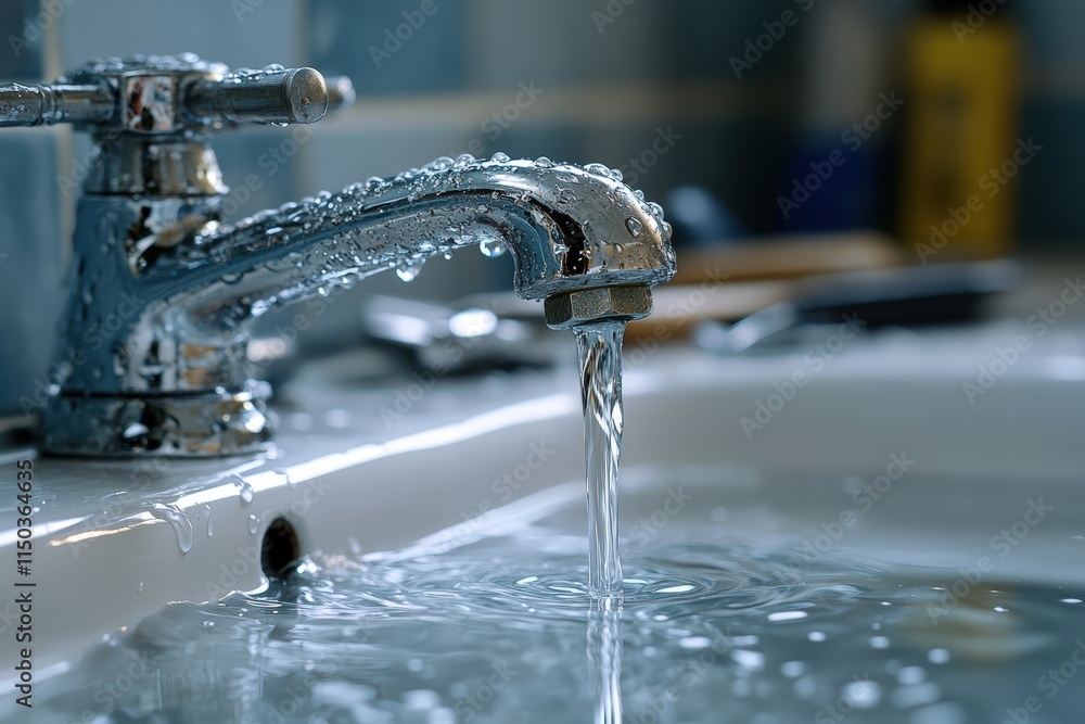 broken bathroom faucet, water dripping slowly from the spout, surrounded by an array of repair tools like wrenches and pliers broken bathroom faucet, water dripping slowly from the spout, surrounded by an array of repair tools like wrenches and pliers
