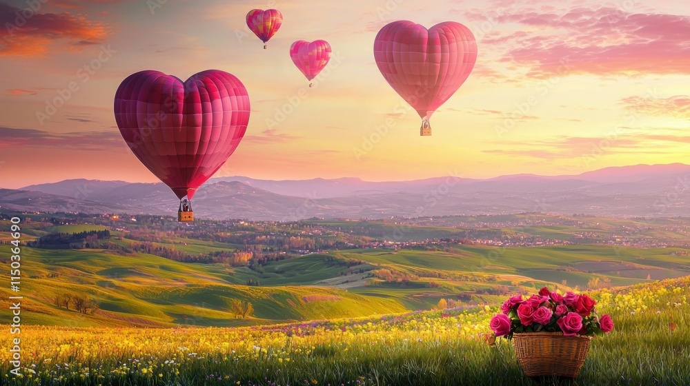 Fototapeta premium Romantic Heart-Shaped Balloons Over Rolling Hills and Flower Fields
