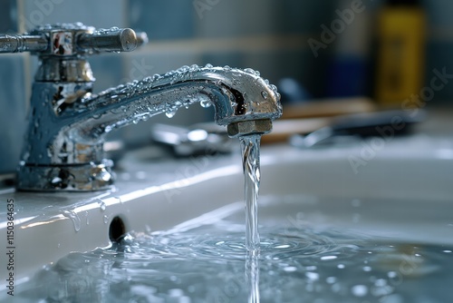 broken bathroom faucet, water dripping slowly from the spout, surrounded by an array of repair tools like wrenches and pliers