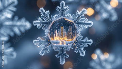 Single Snowflake Featuring a Fractal Cityscape photo