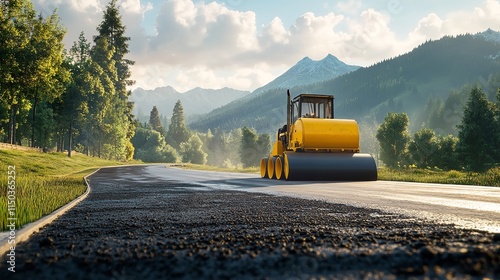 Team of Road Workers in Safety Gear Paving the Highway photo