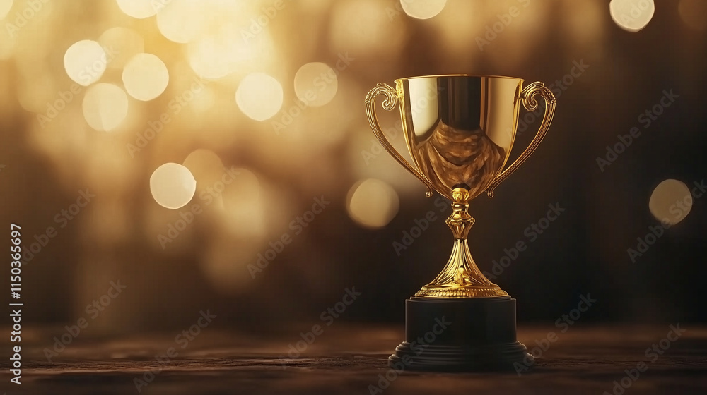Gleaming Gold Trophy on Wooden Table with Bokeh Background Gleaming Gold Trophy on Wooden Table with Bokeh Background