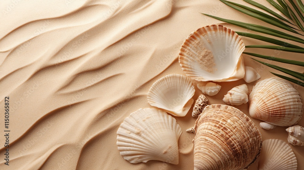 Natural Beach Sand with Various Beautiful Seashells and Green Palm Leaves Decoration Natural Beach Sand with Various Beautiful Seashells and Green Palm Leaves Decoration