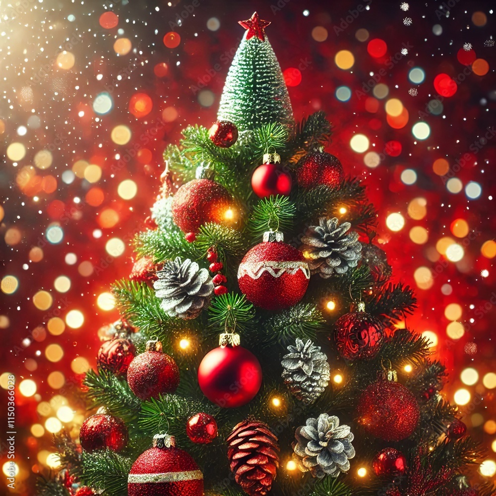 Fototapeta premium Christmas Tree Decorated with Ornaments and Bokeh Lights on a Red Background - Holiday Celebration. Created with generative AI technology