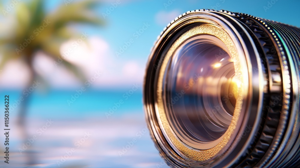 A close up of a camera lens on a beach A close up of a camera lens on a beach