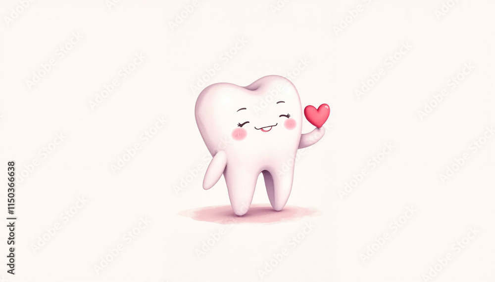 Good tooth image: Smiling tooth holding heart on minimalist background Good tooth image: Smiling tooth holding heart on minimalist background
