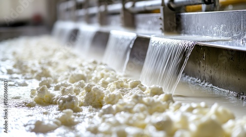 Curds and whey flowing in a dairy processing facility.