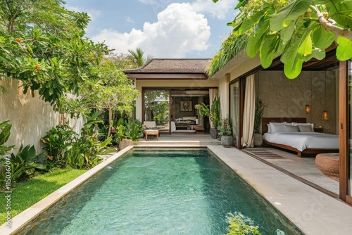 Wallpaper Mural Tropical luxury villa with private pool, lush plants, and open-air bedroom design Torontodigital.ca