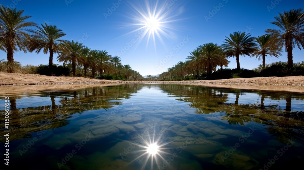 A body of water surrounded by palm trees in the desert A body of water surrounded by palm trees in the desert