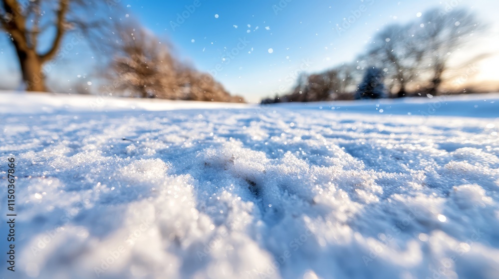 A snow covered field with trees in the background A snow covered field with trees in the background
