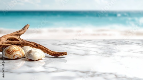 Two seashells on a marble table with a beach in the background