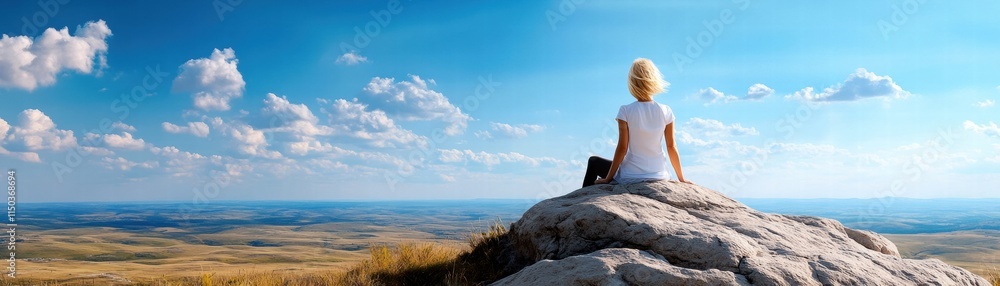 Person meditating on a rock, serene landscape and blue sky in the background. Person meditating on a rock, serene landscape and blue sky in the background.