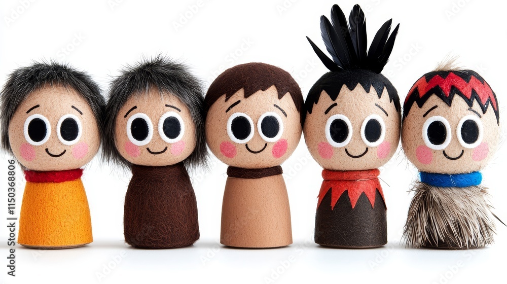 Obraz premium A group of wooden peg dolls with different colored hair