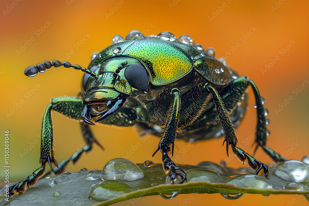 A close-up of a shiny green leaf beetle on a dewdrop-covered leaf, its metallic body vividly detailed A close-up of a shiny green leaf beetle on a dewdrop-covered leaf, its metallic body vividly detailed