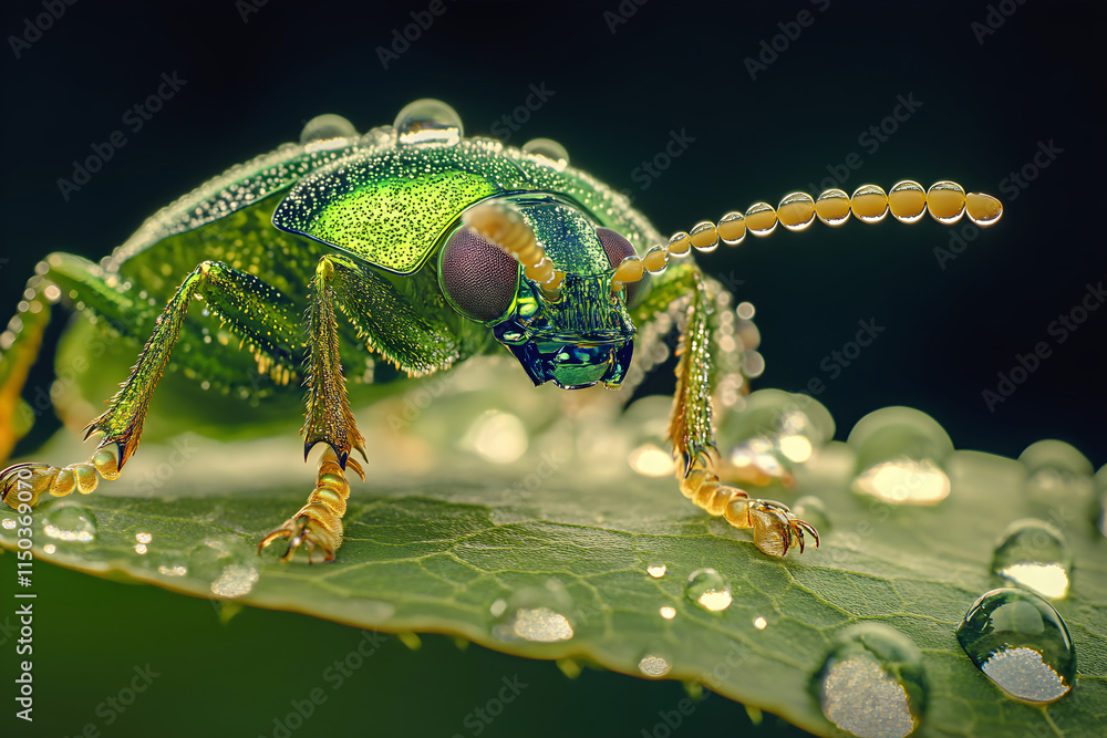 A close-up of a shiny green leaf beetle on a dewdrop-covered leaf, its metallic body vividly detailed A close-up of a shiny green leaf beetle on a dewdrop-covered leaf, its metallic body vividly detailed