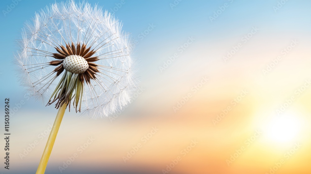 Fototapeta premium A dandelion with the sun setting in the background