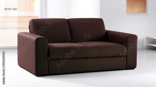 Sofa luxury durable concept. Modern brown sofa in a bright room, featuring a simple design and textured fabric, ideal for contemporary living spaces.