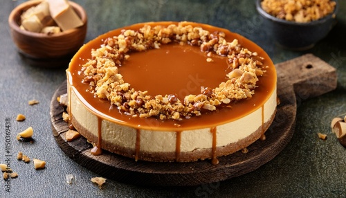 Generated image Dulce de leche cheesecake topped with caramel drizzle and crushed nuts