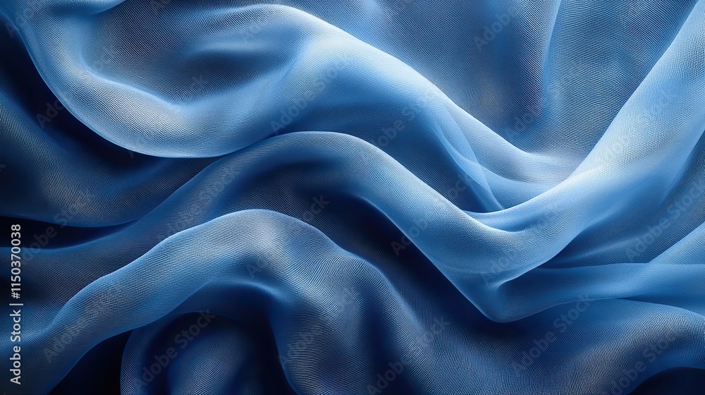 Fototapeta premium Blue abstract fabric background with flow material and cloth for creative design, folds in chiffon silk, wallpaper and flow for art wavy pattern, delicate texture