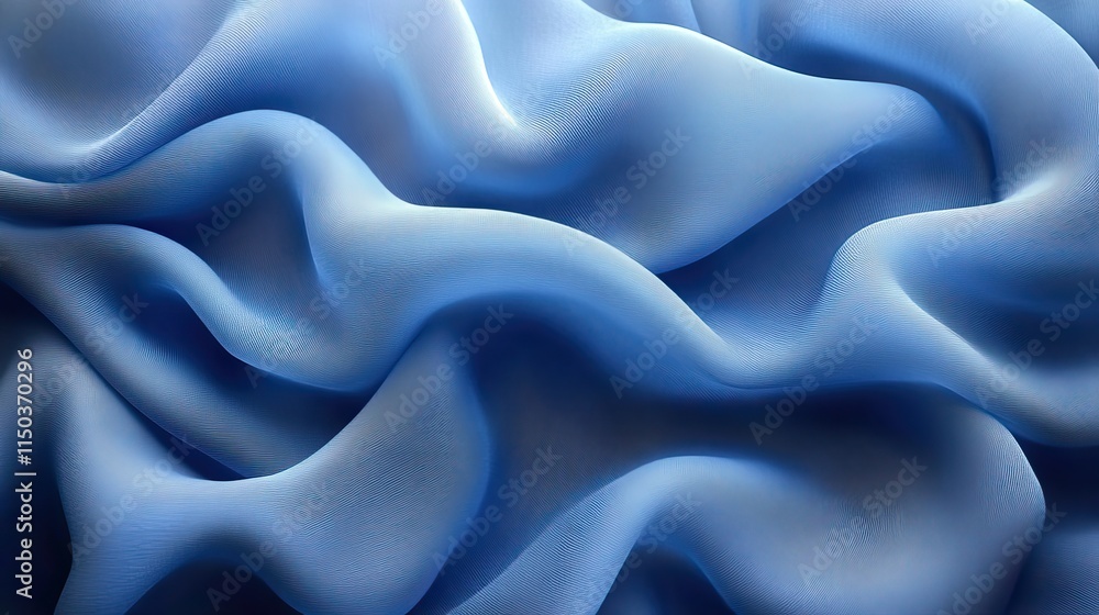 Fototapeta premium Blue abstract fabric background with flow material and cloth for creative design, folds in chiffon silk, wallpaper and flow for art wavy pattern, delicate texture