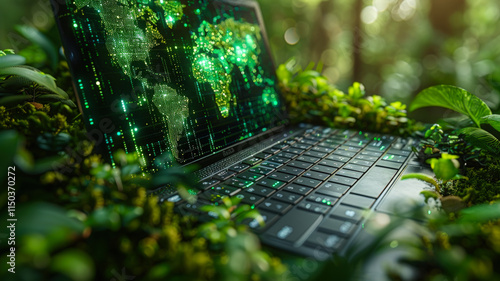 Laptop with Digital World Map in Green Forest
