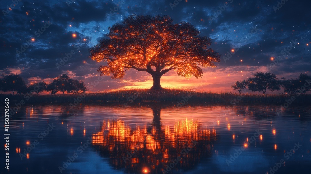 A serene sunset over a tranquil lake, featuring a glowing tree and soft reflections. A serene sunset over a tranquil lake, featuring a glowing tree and soft reflections.