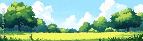 A vibrant green meadow under a sunny blue sky with fluffy clouds and surrounded by lush trees.