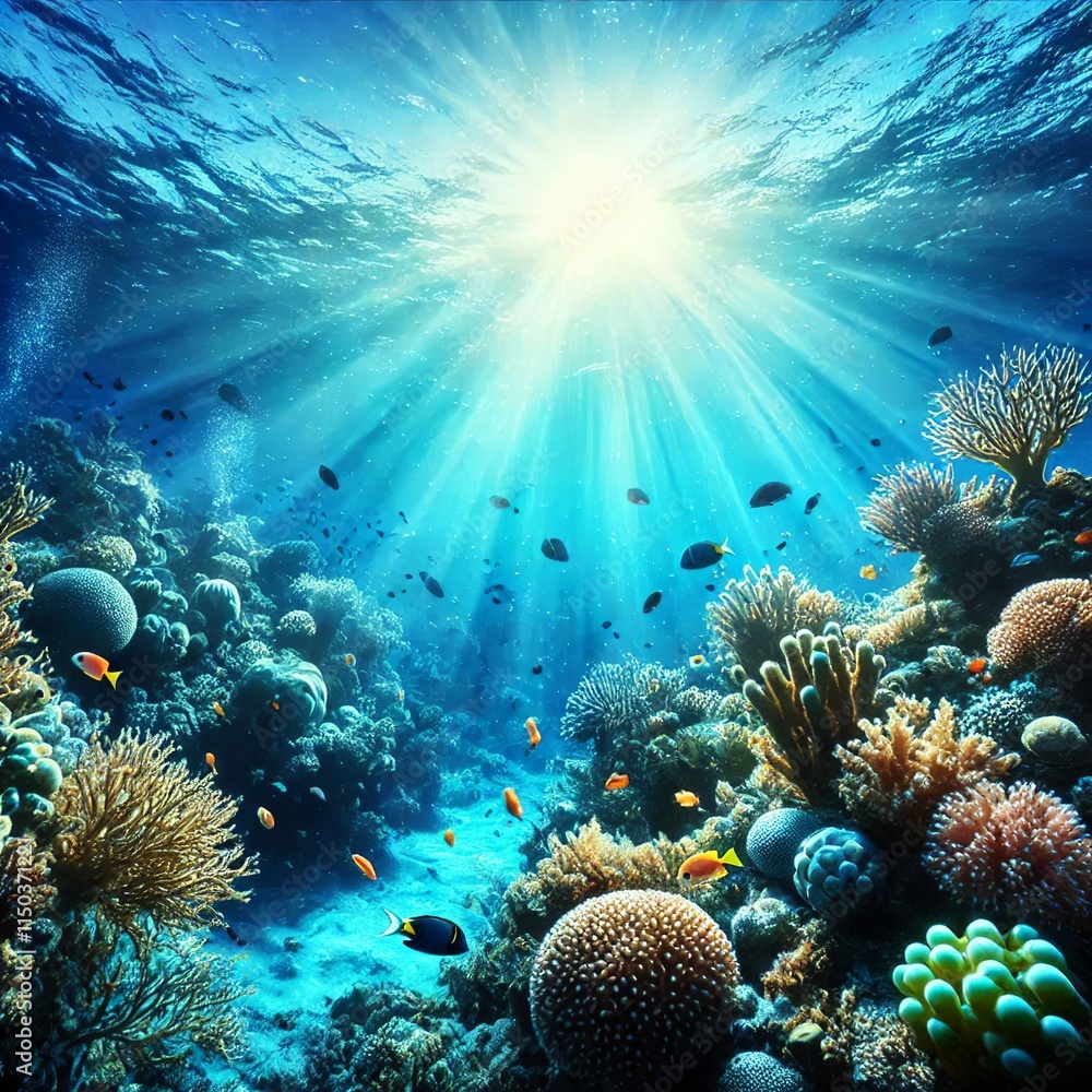 Naklejka premium Gorgeous oceanic blue background with sunlight and an underwater view. Created with generative AI technology