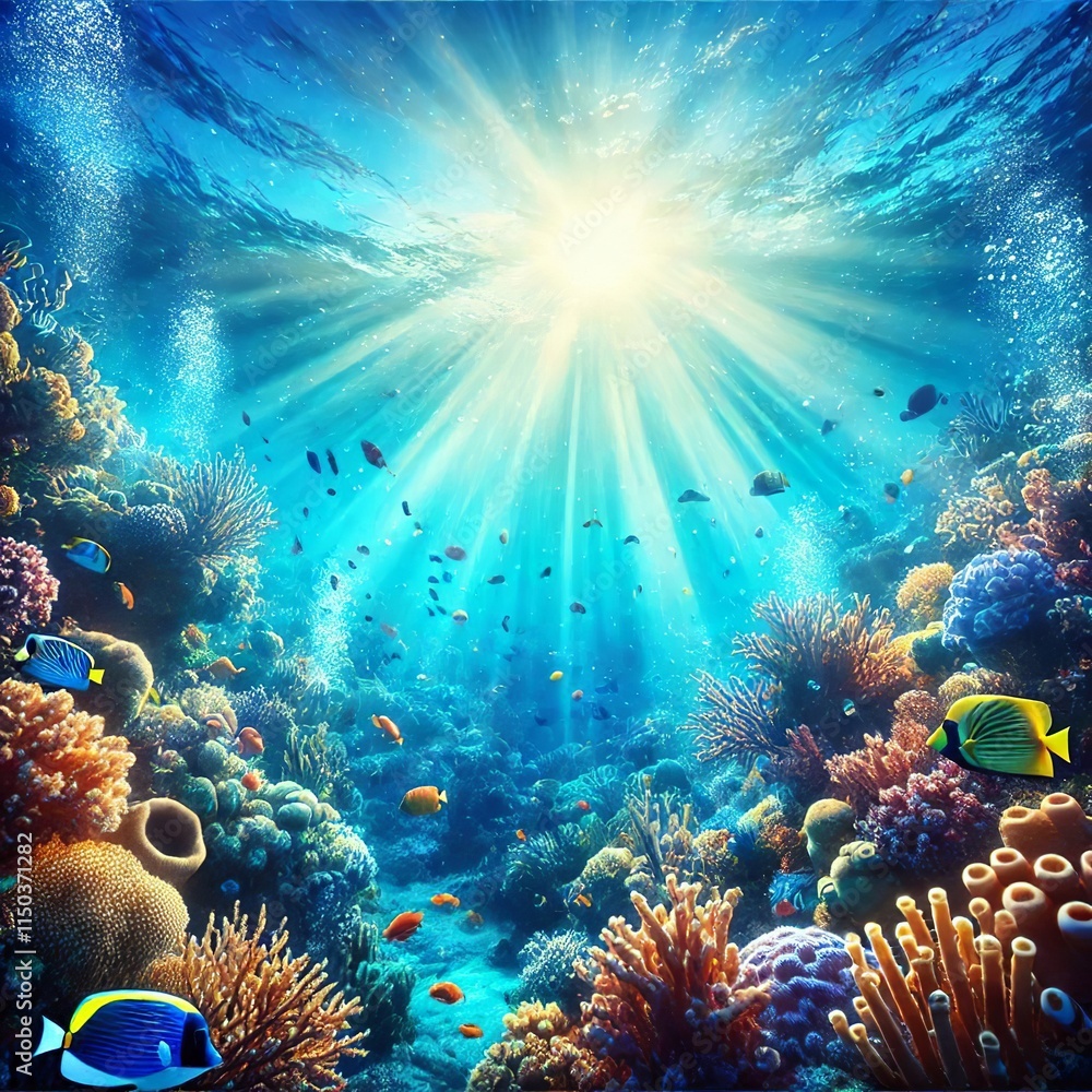 Obraz premium Gorgeous oceanic blue background with sunlight and an underwater view. Created with generative AI technology