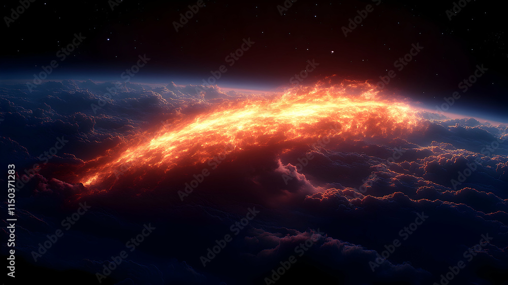 Fototapeta premium Fiery atmospheric river above Earth's clouds at night.