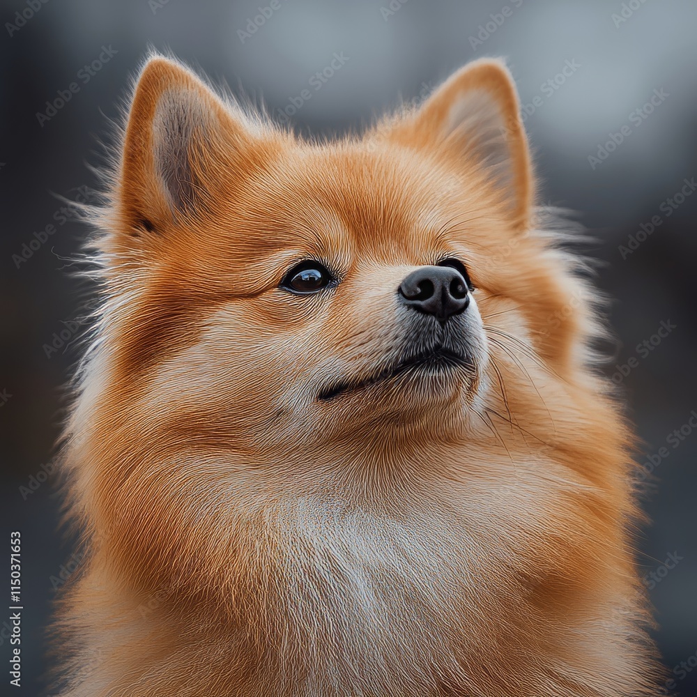 Obraz premium Fluffy Pomeranian Dog With a Thoughtful Expression Against a Blurred Outdoor Background During Twilight