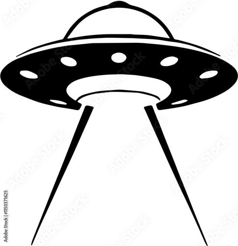 Minimalist Black and White Flying Saucer UFO Icon in Flat Design Style, Ideal for Sci-Fi Projects, Mobile Apps, Websites, Graphic Design, Alien-Themed Content, Tech Interfaces