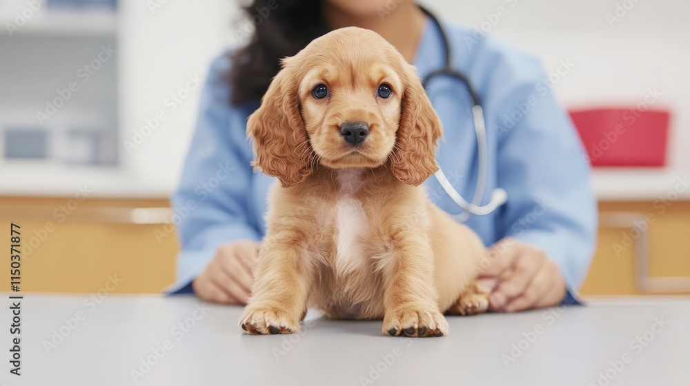 Adorable Cocker Spaniel Puppy at Veterinary Clinic with Caregiver Adorable Cocker Spaniel Puppy at Veterinary Clinic with Caregiver
