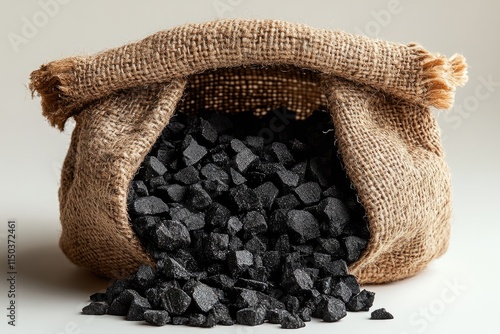 A burlap sack overflows with dark charcoal pieces photo