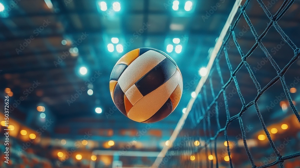 Volleyball in Motion Near the Net in a Sport Arena Setting