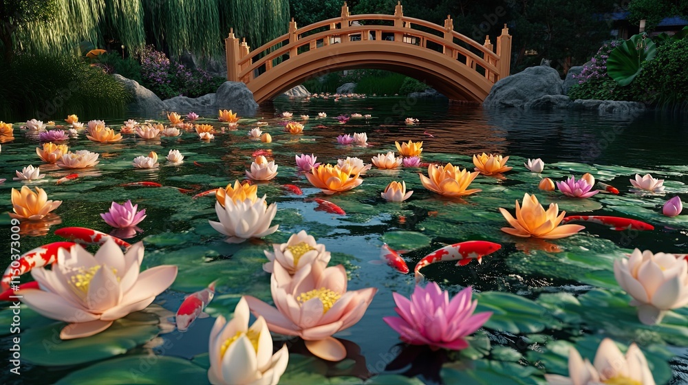 Serene Pond, Water Lilies & Koi Fish Swim Gracefully under a Wooden Bridge in a Tranquil Garden Setting. Serene Pond, Water Lilies & Koi Fish Swim Gracefully under a Wooden Bridge in a Tranquil Garden Setting.