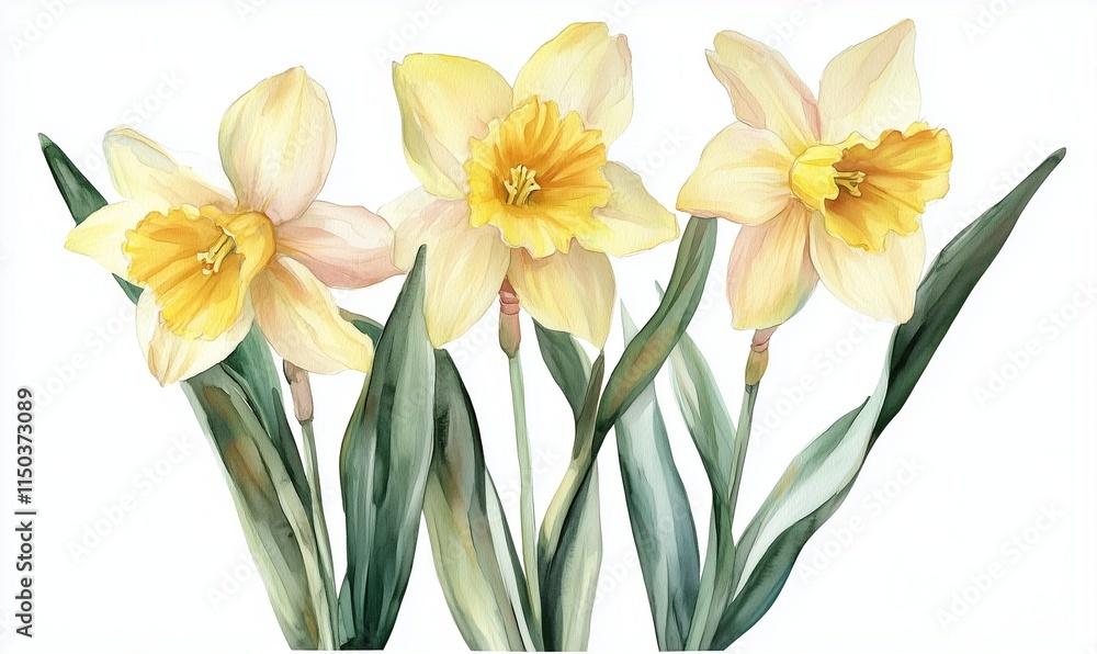 Fototapeta premium Watercolor illustration, spring blossom daffodil flowers with light yellow petals and green leaves, isolated on white background