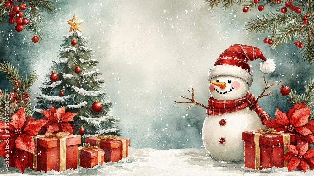 Obraz premium Charming Snowman with Pine Tree and Poinsettias for Yuletide Cheer