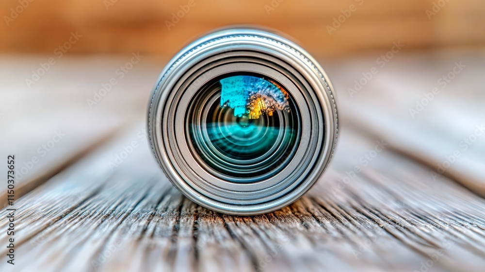 A close up of a camera lens on a wooden table A close up of a camera lens on a wooden table