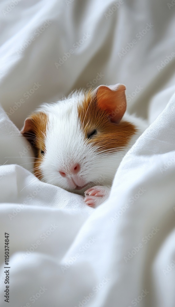 A cute guinea pig peacefully sleeping on a soft white blanket. A cute guinea pig peacefully sleeping on a soft white blanket.