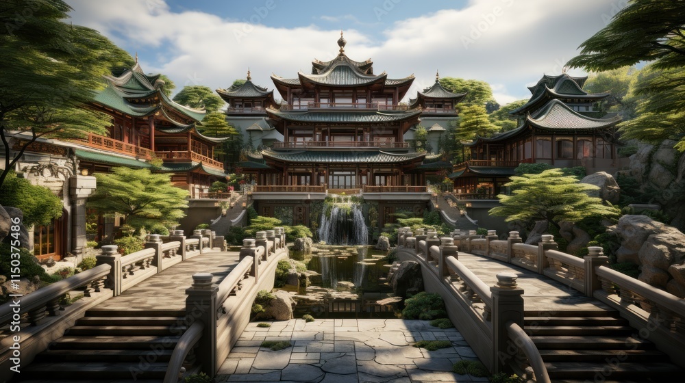 Serene Asian Temple Complex: A digital rendering of a breathtaking Asian temple nestled in lush greenery, showcasing intricate architecture, cascading waterfalls, and serene bridges. Serene Asian Temple Complex: A digital rendering of a breathtaking Asian temple nestled in lush greenery, showcasing intricate architecture, cascading waterfalls, and serene bridges.