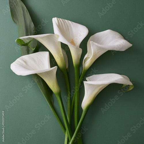 Generated image Elegant White Calla Lilies on Sage Green- Minimalist Floral Still Life, Soft Natural Light,