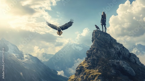 Wallpaper Mural A female knight stands on a mountain peak with an eagle perched and flying beside her. background wallpaper AI generated image Torontodigital.ca