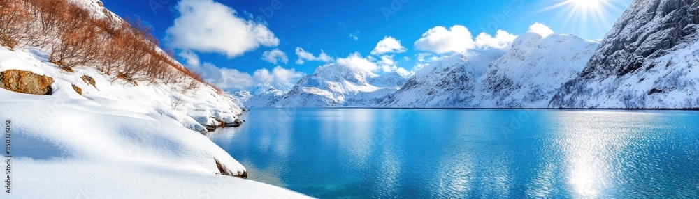 Snowy mountains reflect in a clear blue lake under a bright sky Snowy mountains reflect in a clear blue lake under a bright sky