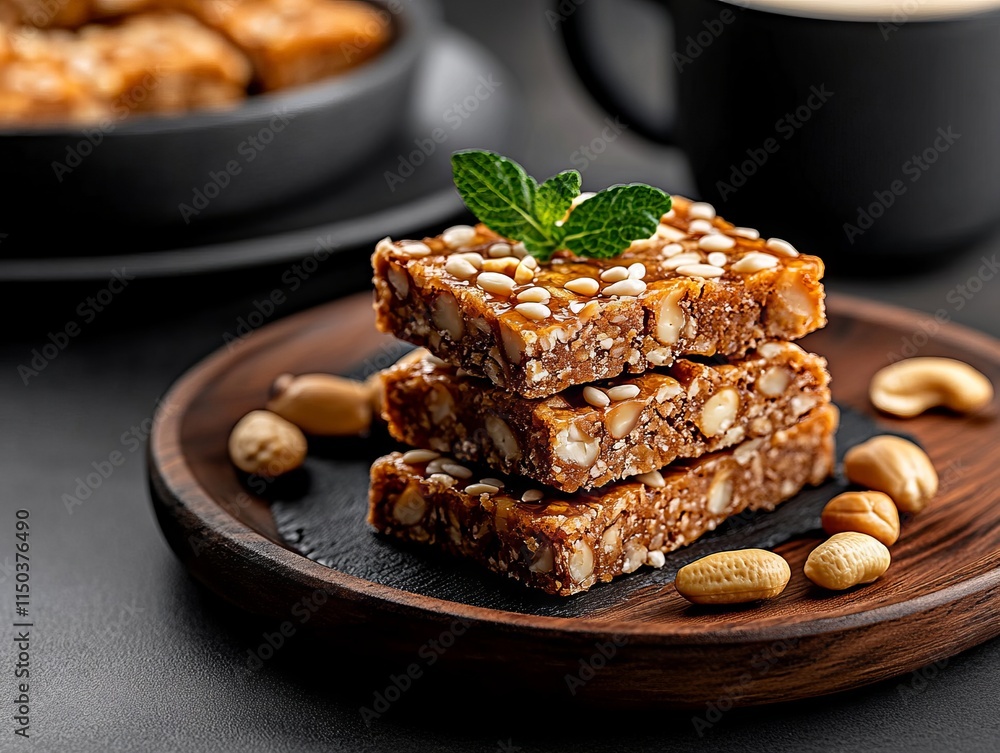 A stack of peanut bars on a wooden plate with a cup of coffee in the background A stack of peanut bars on a wooden plate with a cup of coffee in the background