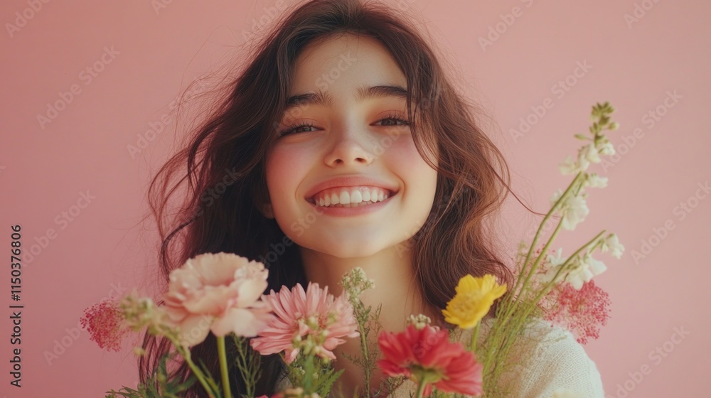 A cheerful teenage girl beams with happiness as she holds a vibrant bouquet of flowers. The warm pastel pink backdrop enhances her joyful expression, creating a lively atmosphere. A cheerful teenage girl beams with happiness as she holds a vibrant bouquet of flowers. The warm pastel pink backdrop enhances her joyful expression, creating a lively atmosphere.